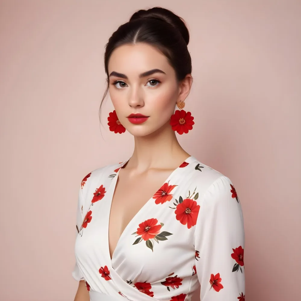 A Young Woman With Fair Skin And Long Dark Hair Styled In A Sleek Bun She Is Wearing A Deep V Neck White Top And Large Floral Earrings In Red And White Her Lips Are Painted A Bold Red And She Has A Confident Express 67 8a8f