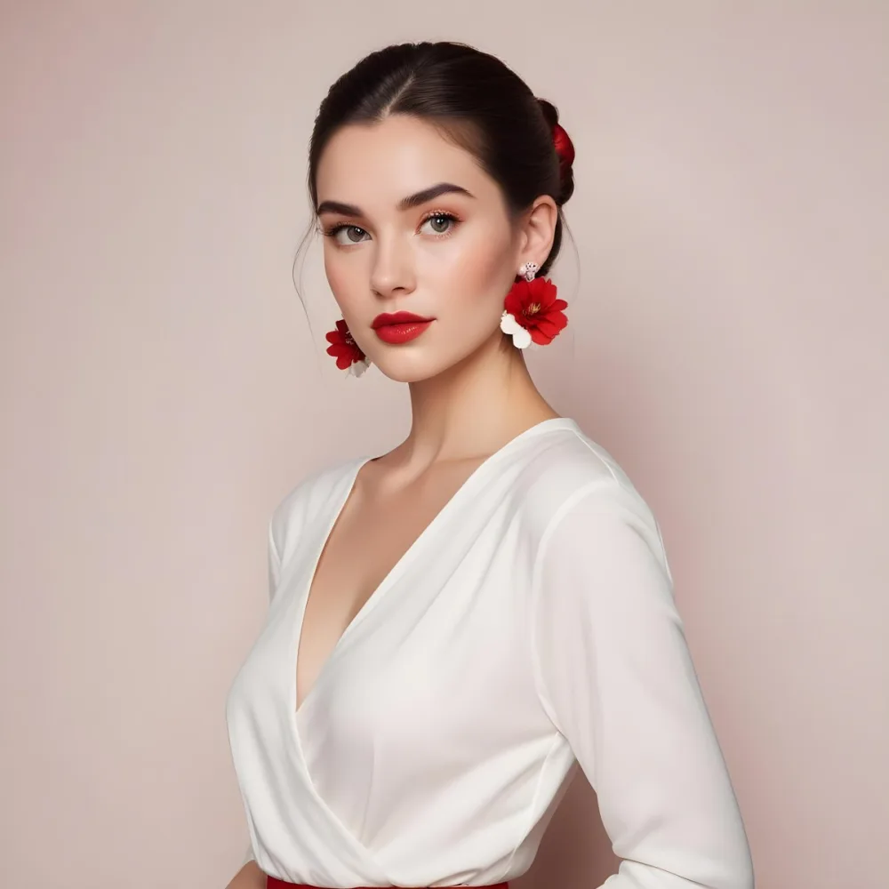 A Young Woman With Fair Skin And Long Dark Hair Styled In A Sleek Bun She Is Wearing A Deep V Neck White Top And Large Floral Earrings In Red And White Her Lips Are Painted A Bold Red And She Has A Confident Express 69 0776