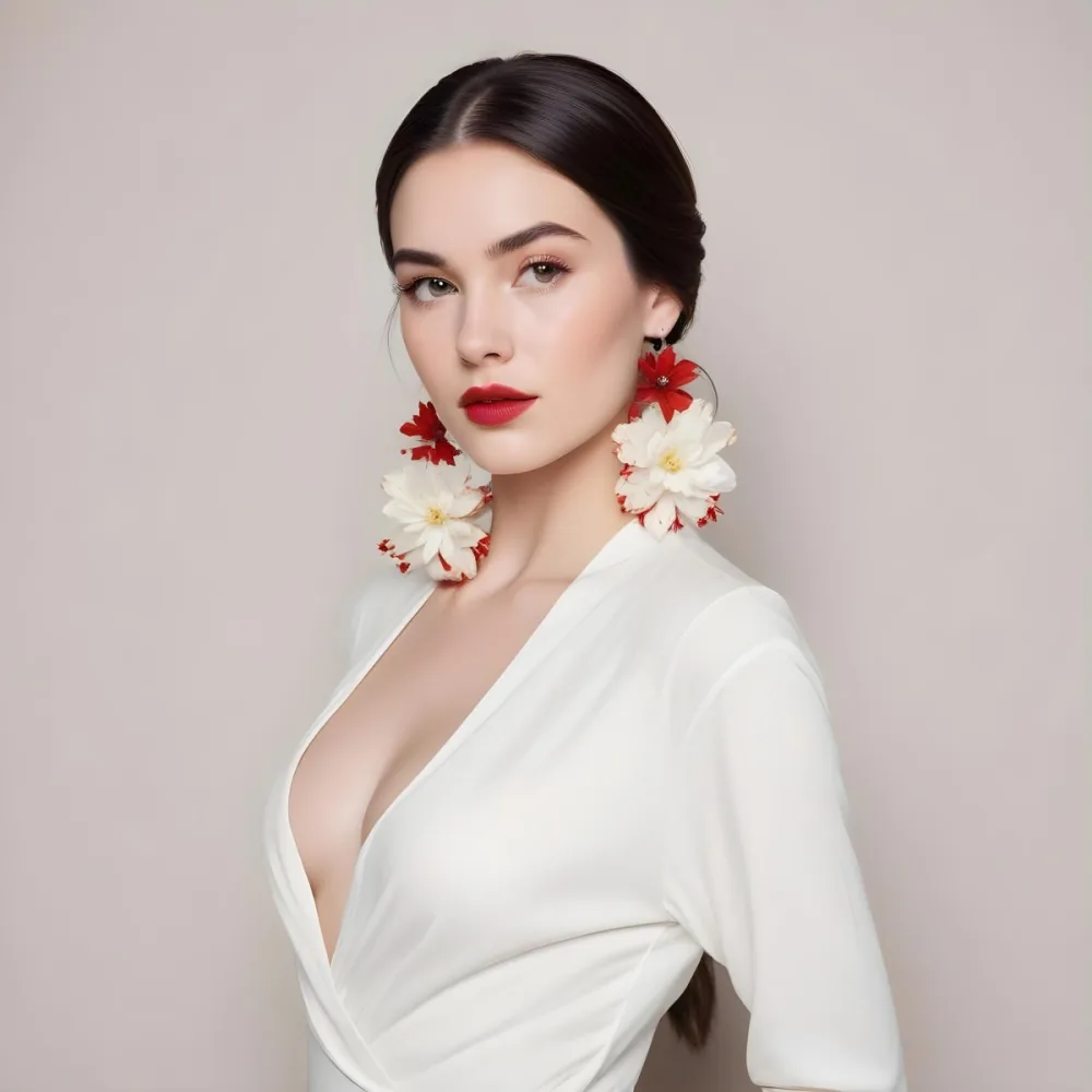 A Young Woman With Fair Skin And Long Dark Hair Styled In A Sleek Bun She Is Wearing A Deep V Neck White Top And Large Floral Earrings In Red And White Her Lips Are Painted A Bold Red And She Has A Confident Express 70 Fe19