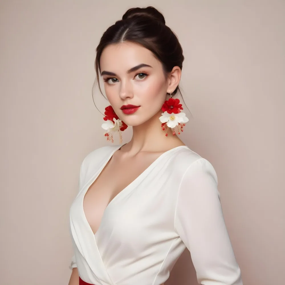 A Young Woman With Fair Skin And Long Dark Hair Styled In A Sleek Bun She Is Wearing A Deep V Neck White Top And Large Floral Earrings In Red And White Her Lips Are Painted A Bold Red And She Has A Confident Express 71 2d3f