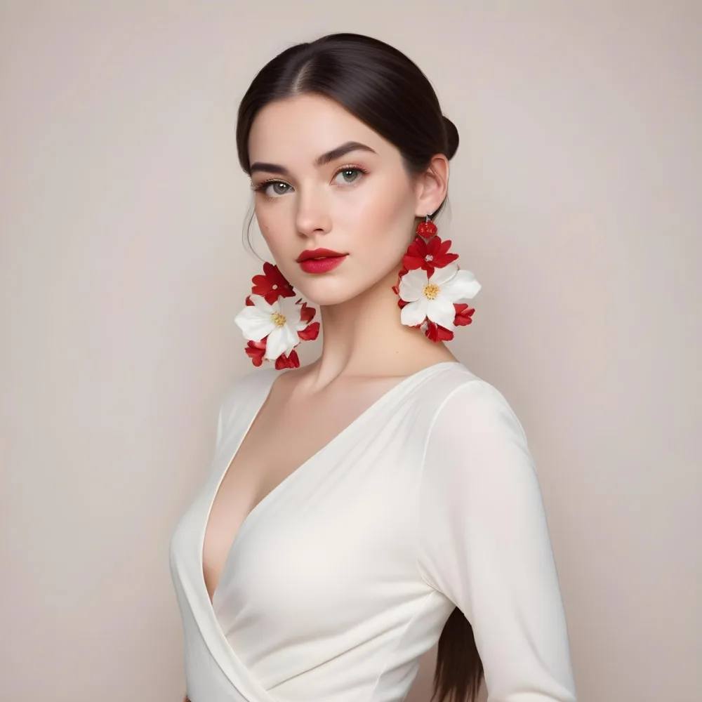 A Young Woman With Fair Skin And Long Dark Hair Styled In A Sleek Bun She Is Wearing A Deep V Neck White Top And Large Floral Earrings In Red And White Her Lips Are Painted A Bold Red And She Has A Confident Express 73 F52d