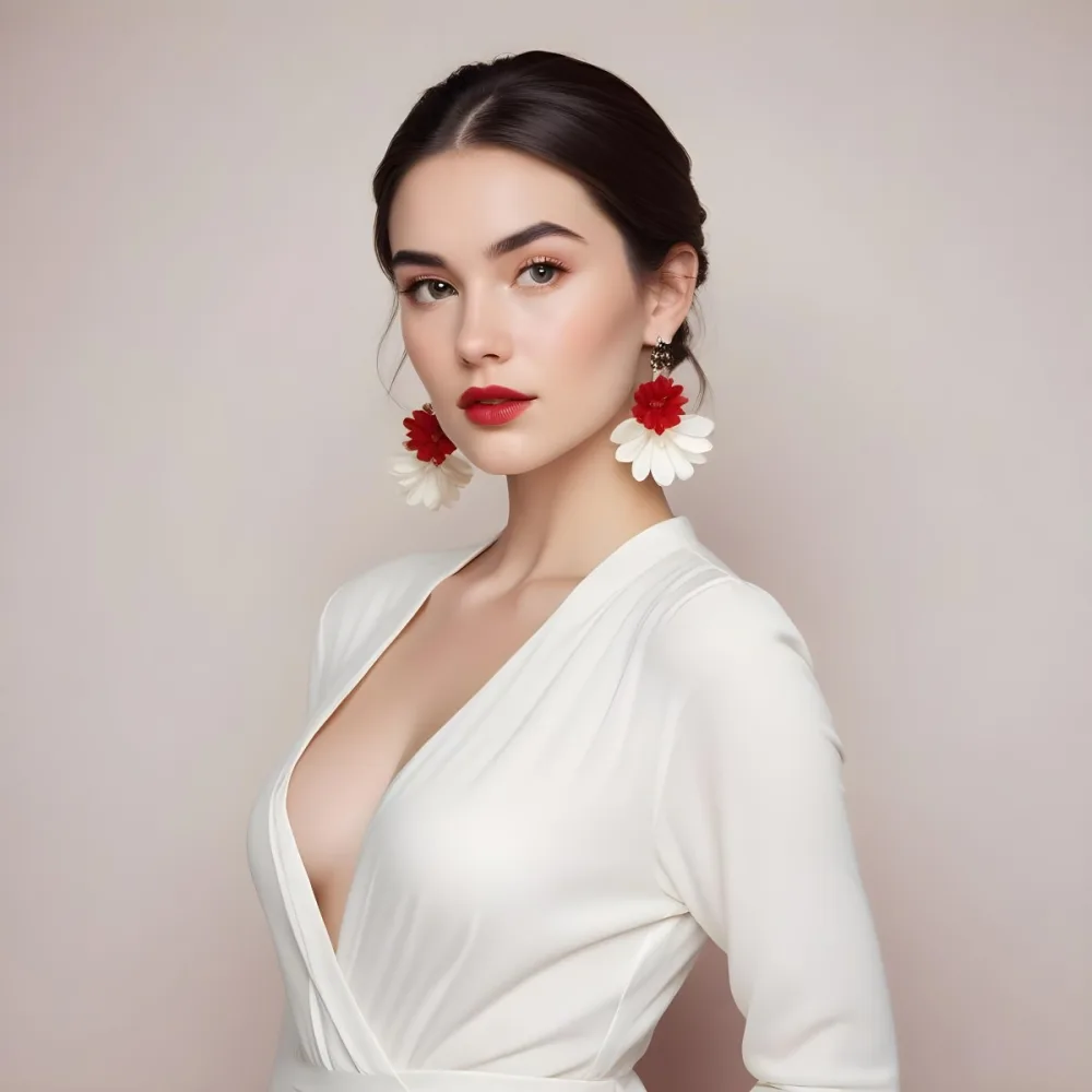 A Young Woman With Fair Skin And Long Dark Hair Styled In A Sleek Bun She Is Wearing A Deep V Neck White Top And Large Floral Earrings In Red And White Her Lips Are Painted A Bold Red And She Has A Confident Express 74 479f