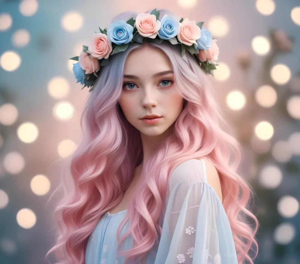 A Young Woman With Fair Skin And Long Flowing Hair That Transitions From Pastel Pink To Light Blue She Has A Floral Crown Made Of White And Pink Roses Adorning Her Head The Background Features A Soft Blurred Pink Gra 101 35d1