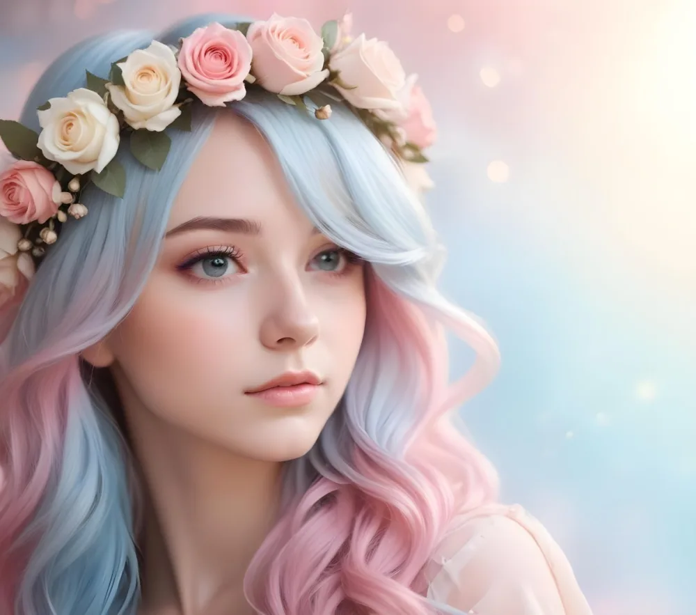 A Young Woman With Fair Skin And Long Flowing Hair That Transitions From Pastel Pink To Light Blue She Has A Floral Crown Made Of White And Pink Roses Adorning Her Head The Background Features A Soft Blurred Pink Gra 108 7684