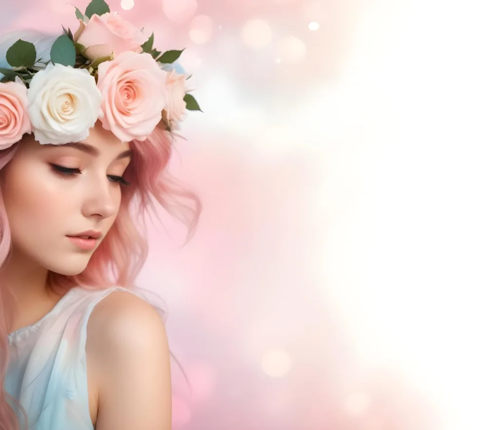 A Young Woman With Fair Skin And Long Flowing Hair That Transitions From Pastel Pink To Light Blue She Has A Floral Crown Made Of White And Pink Roses Adorning Her Head The Background Features A Soft Blurred Pink Gra 109 4a39