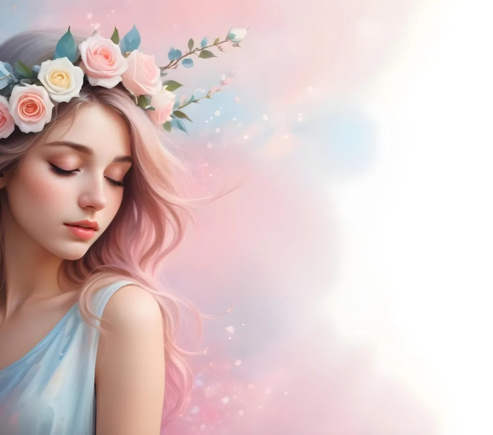A Young Woman With Fair Skin And Long Flowing Hair That Transitions From Pastel Pink To Light Blue She Has A Floral Crown Made Of White And Pink Roses Adorning Her Head The Background Features A Soft Blurred Pink Gra 11 E208
