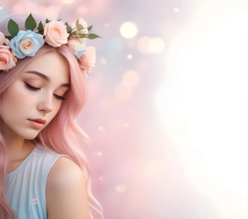 A Young Woman With Fair Skin And Long Flowing Hair That Transitions From Pastel Pink To Light Blue She Has A Floral Crown Made Of White And Pink Roses Adorning Her Head The Background Features A Soft Blurred Pink Gra 110 123d