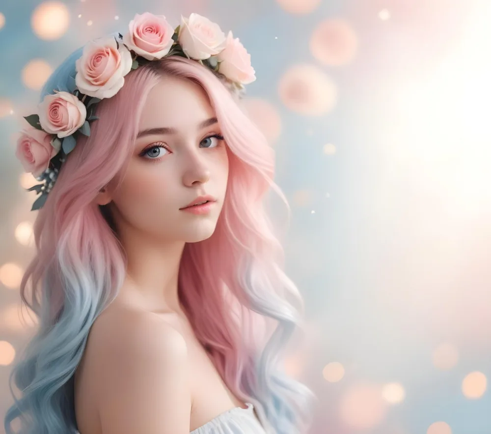 A Young Woman With Fair Skin And Long Flowing Hair That Transitions From Pastel Pink To Light Blue She Has A Floral Crown Made Of White And Pink Roses Adorning Her Head The Background Features A Soft Blurred Pink Gra 112 1d43