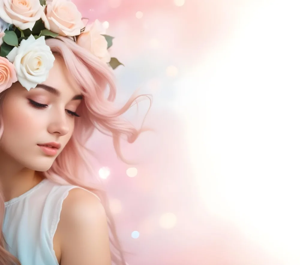 A Young Woman With Fair Skin And Long Flowing Hair That Transitions From Pastel Pink To Light Blue She Has A Floral Crown Made Of White And Pink Roses Adorning Her Head The Background Features A Soft Blurred Pink Gra 114 Dc49