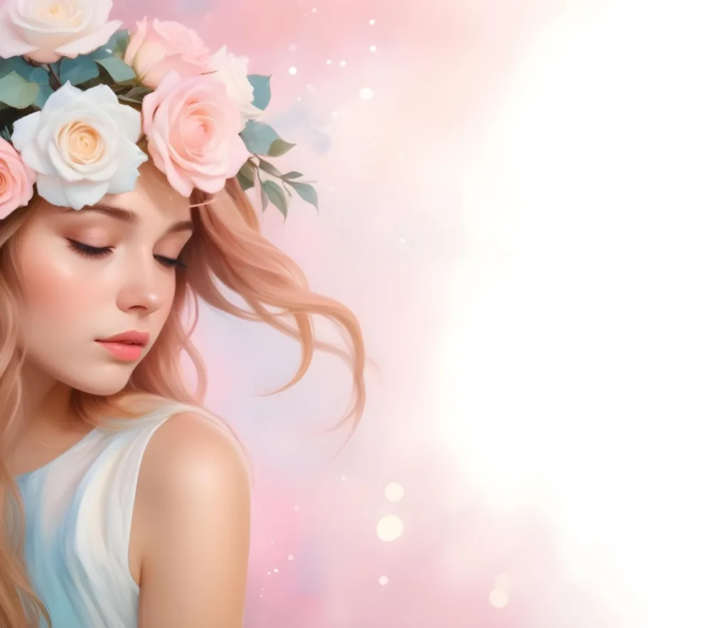 A Young Woman With Fair Skin And Long Flowing Hair That Transitions From Pastel Pink To Light Blue She Has A Floral Crown Made Of White And Pink Roses Adorning Her Head The Background Features A Soft Blurred Pink Gra 13 E76e