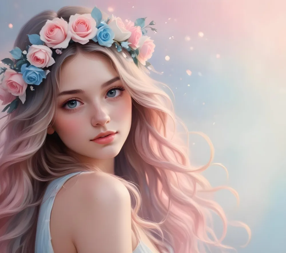A Young Woman With Fair Skin And Long Flowing Hair That Transitions From Pastel Pink To Light Blue She Has A Floral Crown Made Of White And Pink Roses Adorning Her Head The Background Features A Soft Blurred Pink Gra 17 E7c5