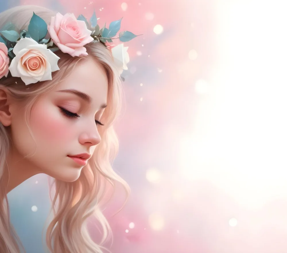 A Young Woman With Fair Skin And Long Flowing Hair That Transitions From Pastel Pink To Light Blue She Has A Floral Crown Made Of White And Pink Roses Adorning Her Head The Background Features A Soft Blurred Pink Gra 19 Eaa2