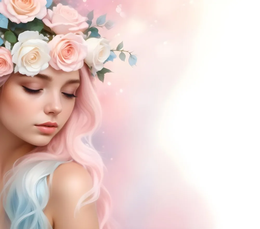 A Young Woman With Fair Skin And Long Flowing Hair That Transitions From Pastel Pink To Light Blue She Has A Floral Crown Made Of White And Pink Roses Adorning Her Head The Background Features A Soft Blurred Pink Gra 23 0d51