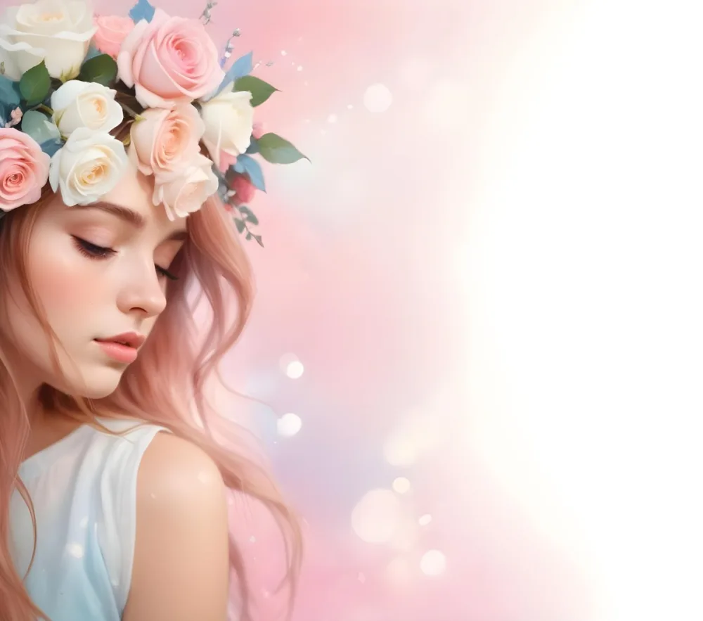 A Young Woman With Fair Skin And Long Flowing Hair That Transitions From Pastel Pink To Light Blue She Has A Floral Crown Made Of White And Pink Roses Adorning Her Head The Background Features A Soft Blurred Pink Gra 24 4e70