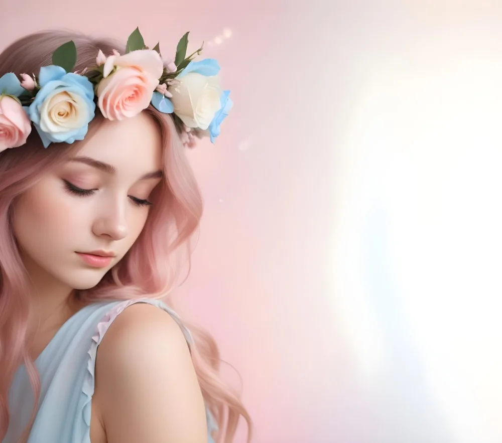 A Young Woman With Fair Skin And Long Flowing Hair That Transitions From Pastel Pink To Light Blue She Has A Floral Crown Made Of White And Pink Roses Adorning Her Head The Background Features A Soft Blurred Pink Gra 28 92a7