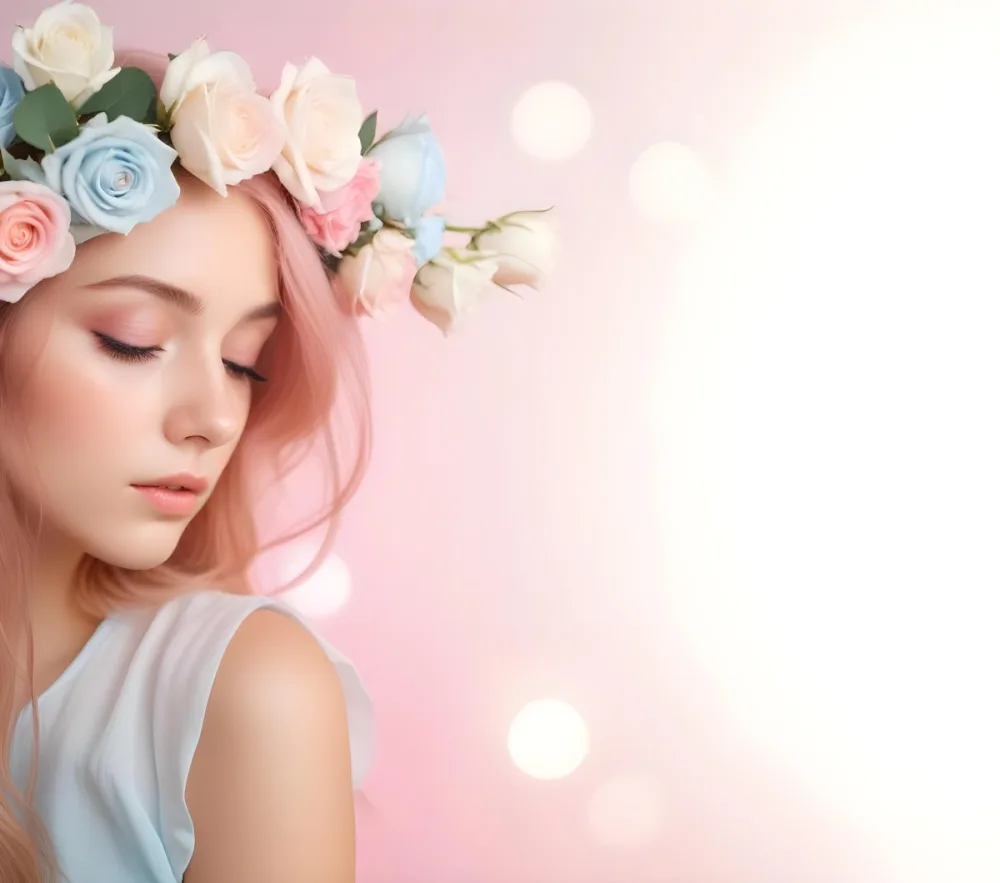 A Young Woman With Fair Skin And Long Flowing Hair That Transitions From Pastel Pink To Light Blue She Has A Floral Crown Made Of White And Pink Roses Adorning Her Head The Background Features A Soft Blurred Pink Gra 31 C031