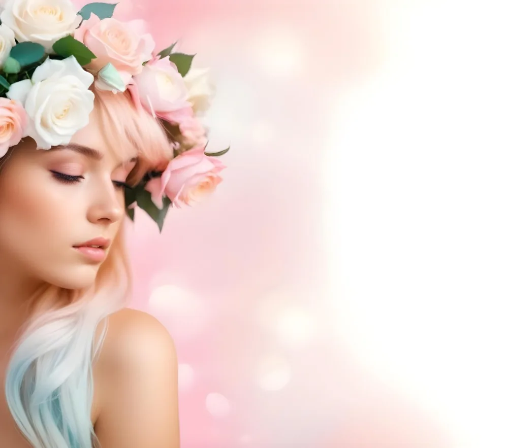 A Young Woman With Fair Skin And Long Flowing Hair That Transitions From Pastel Pink To Light Blue She Has A Floral Crown Made Of White And Pink Roses Adorning Her Head The Background Features A Soft Blurred Pink Gra 32 531a