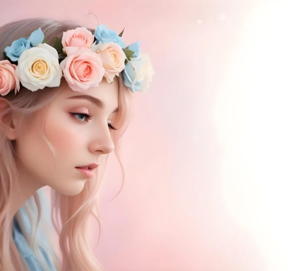 A Young Woman With Fair Skin And Long Flowing Hair That Transitions From Pastel Pink To Light Blue She Has A Floral Crown Made Of White And Pink Roses Adorning Her Head The Background Features A Soft Blurred Pink Gra 35 7f01