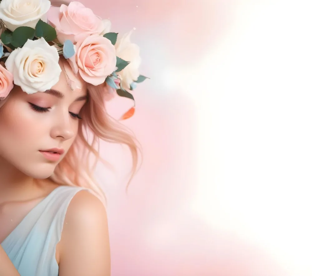 A Young Woman With Fair Skin And Long Flowing Hair That Transitions From Pastel Pink To Light Blue She Has A Floral Crown Made Of White And Pink Roses Adorning Her Head The Background Features A Soft Blurred Pink Gra 38 Dbc9