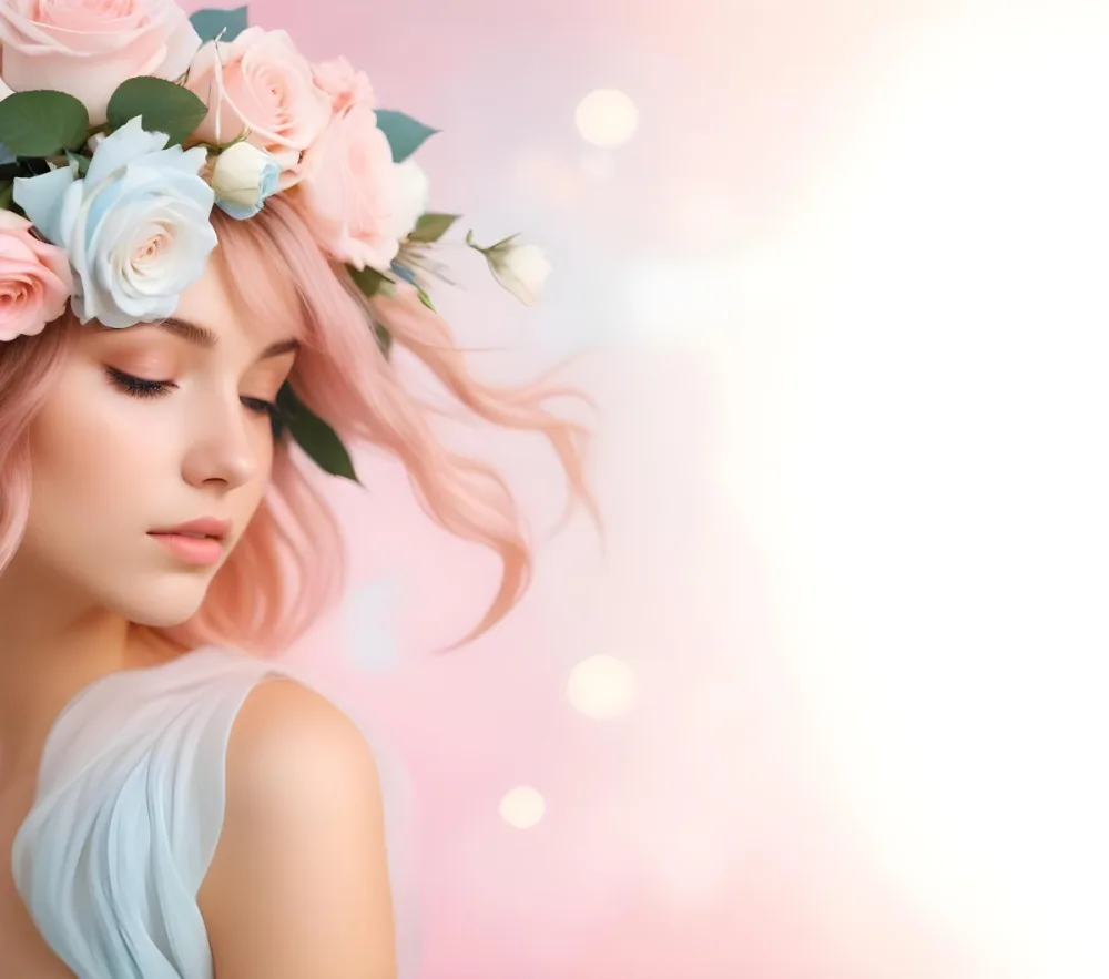 A Young Woman With Fair Skin And Long Flowing Hair That Transitions From Pastel Pink To Light Blue She Has A Floral Crown Made Of White And Pink Roses Adorning Her Head The Background Features A Soft Blurred Pink Gra 41 34a3