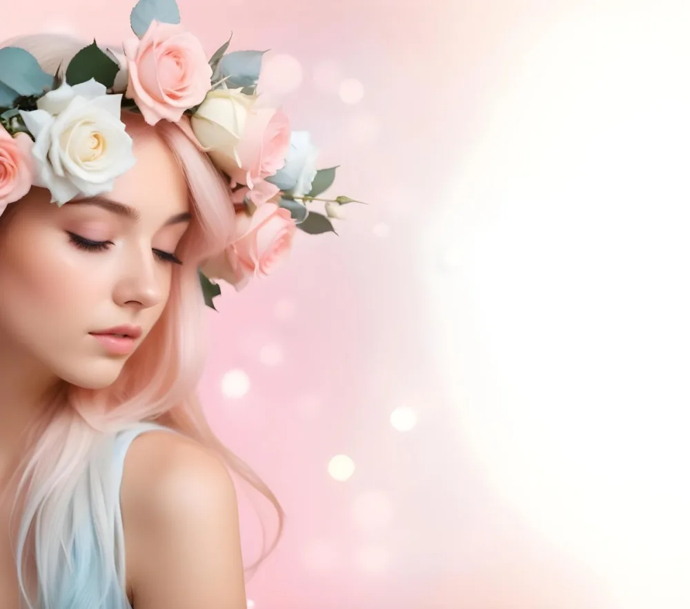 A Young Woman With Fair Skin And Long Flowing Hair That Transitions From Pastel Pink To Light Blue She Has A Floral Crown Made Of White And Pink Roses Adorning Her Head The Background Features A Soft Blurred Pink Gra 45 189c