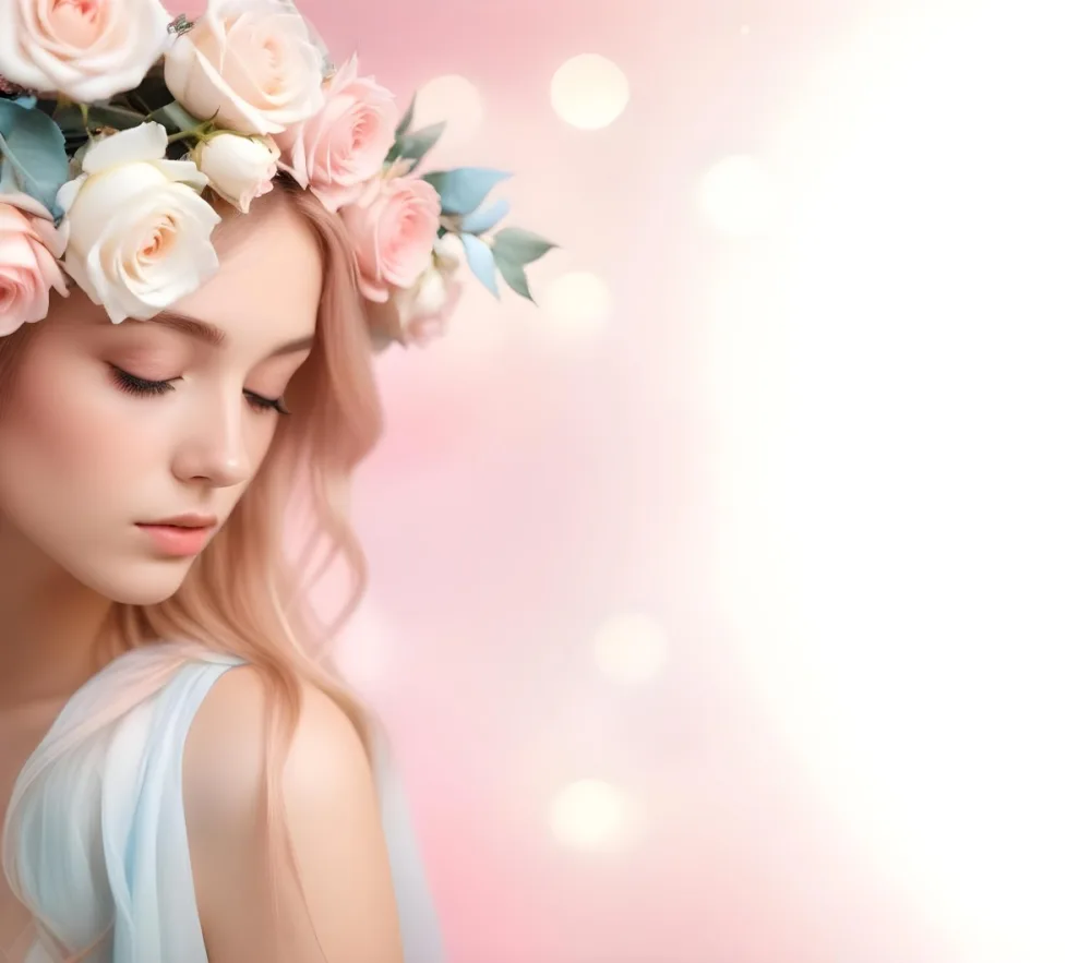 A Young Woman With Fair Skin And Long Flowing Hair That Transitions From Pastel Pink To Light Blue She Has A Floral Crown Made Of White And Pink Roses Adorning Her Head The Background Features A Soft Blurred Pink Gra 49 5195