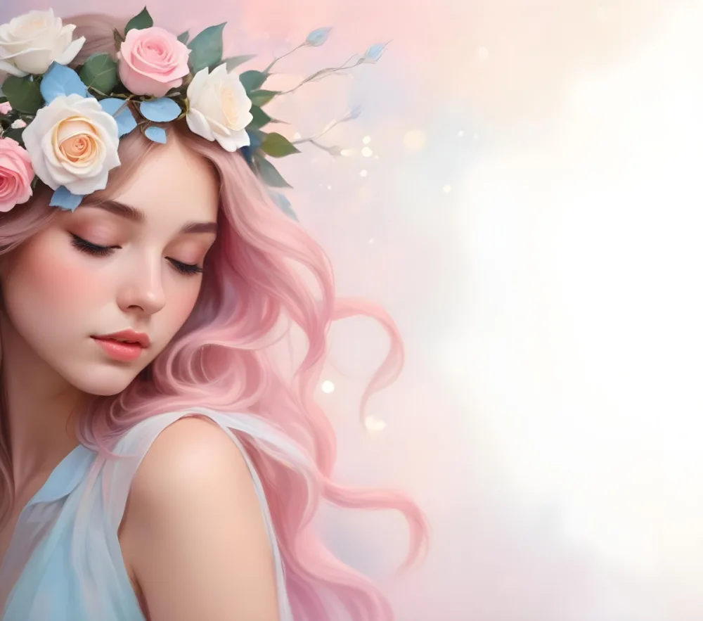 A Young Woman With Fair Skin And Long Flowing Hair That Transitions From Pastel Pink To Light Blue She Has A Floral Crown Made Of White And Pink Roses Adorning Her Head The Background Features A Soft Blurred Pink Gra 5 Ce04