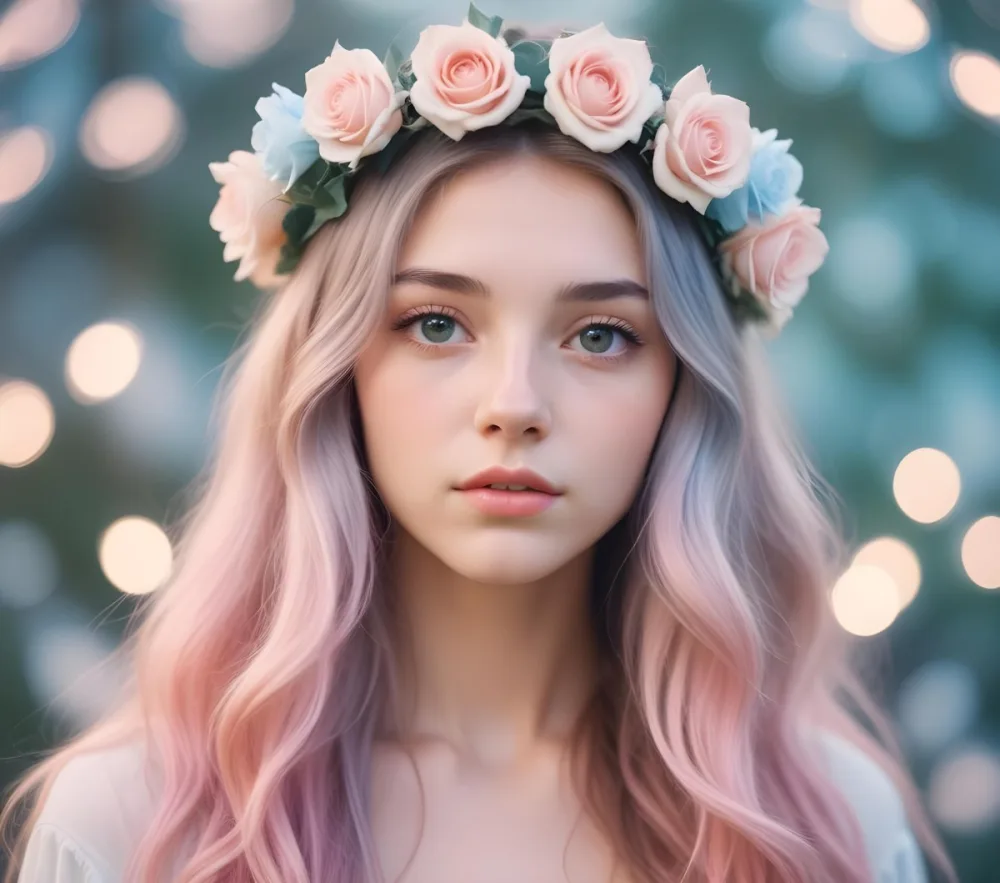A Young Woman With Fair Skin And Long Flowing Hair That Transitions From Pastel Pink To Light Blue She Has A Floral Crown Made Of White And Pink Roses Adorning Her Head The Background Features A Soft Blurred Pink Gra 50 0f91
