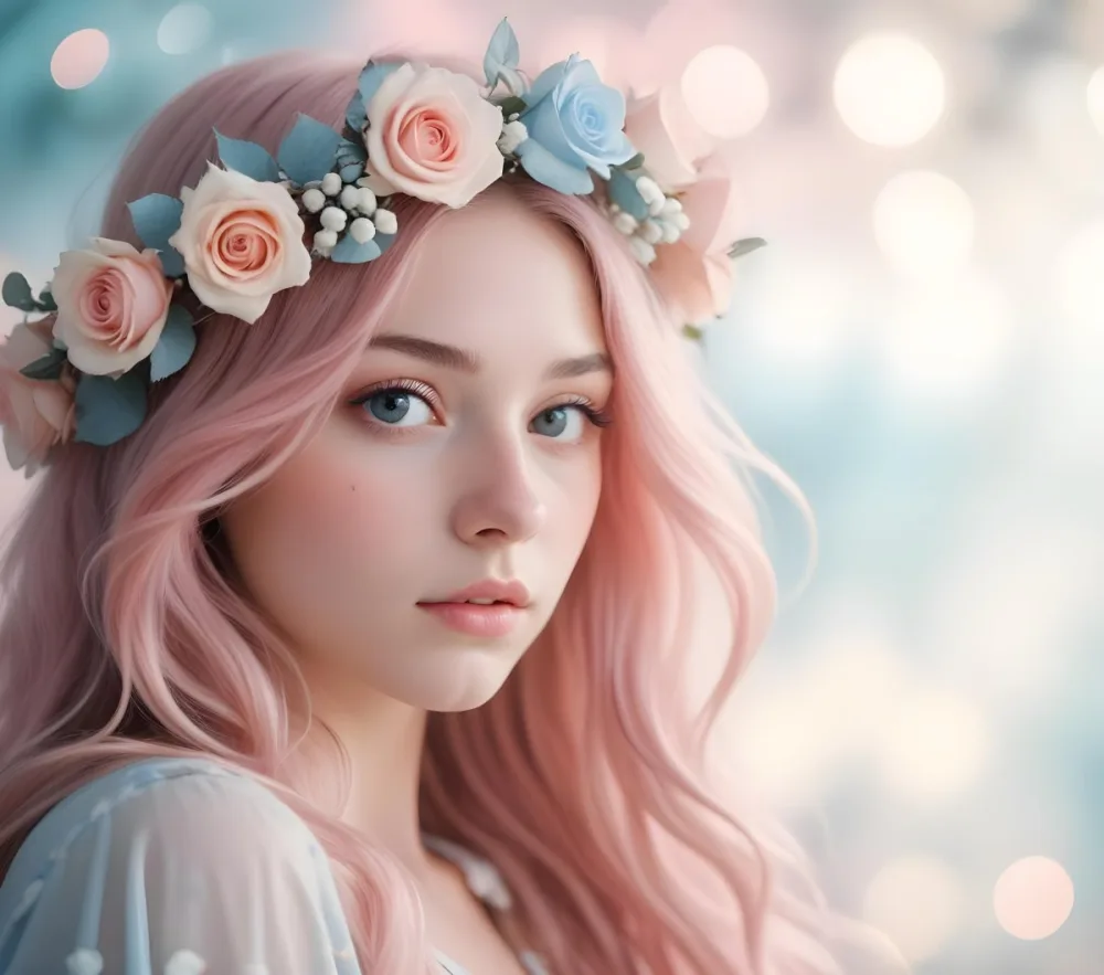 A Young Woman With Fair Skin And Long Flowing Hair That Transitions From Pastel Pink To Light Blue She Has A Floral Crown Made Of White And Pink Roses Adorning Her Head The Background Features A Soft Blurred Pink Gra 53 2863