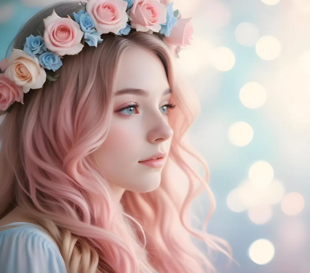 A Young Woman With Fair Skin And Long Flowing Hair That Transitions From Pastel Pink To Light Blue She Has A Floral Crown Made Of White And Pink Roses Adorning Her Head The Background Features A Soft Blurred Pink Gra 55 27b6