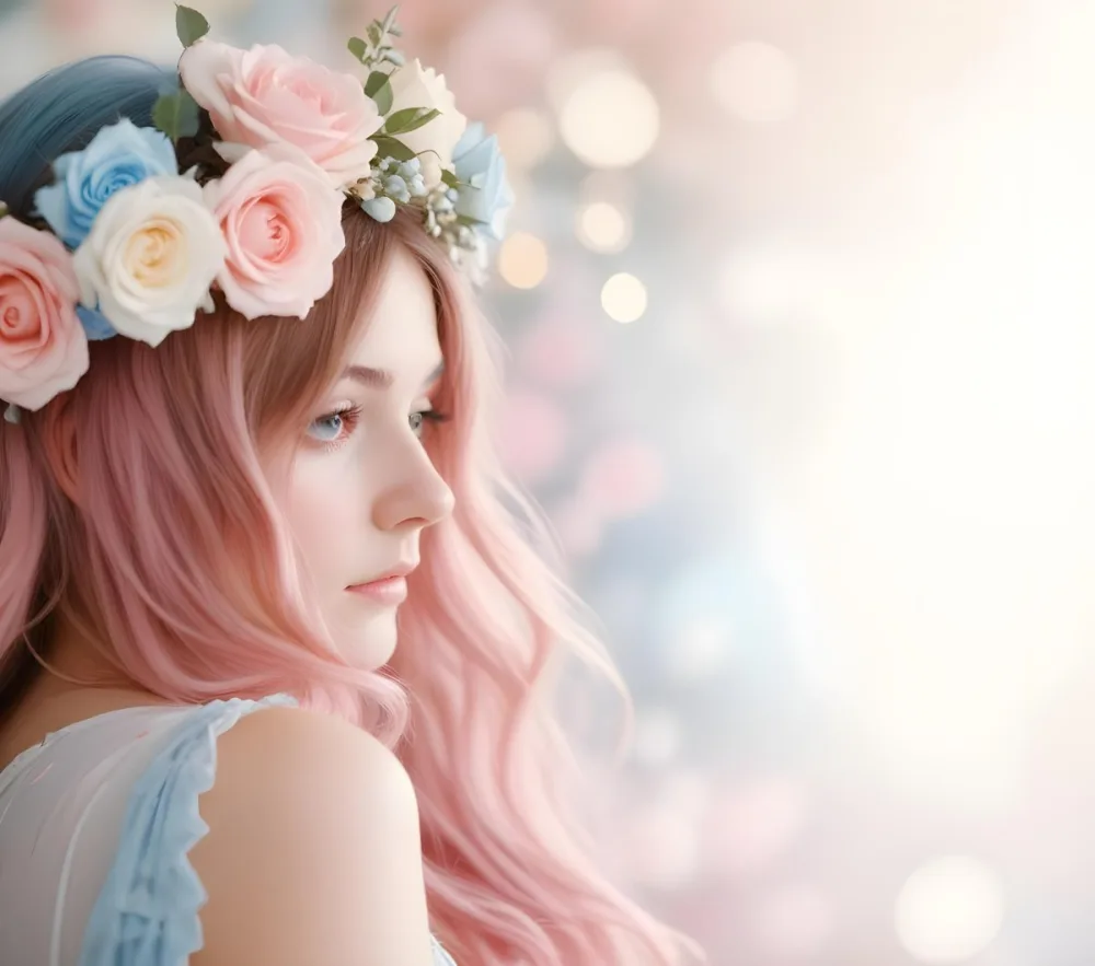 A Young Woman With Fair Skin And Long Flowing Hair That Transitions From Pastel Pink To Light Blue She Has A Floral Crown Made Of White And Pink Roses Adorning Her Head The Background Features A Soft Blurred Pink Gra 56 4ac5