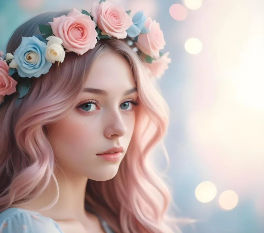 A Young Woman With Fair Skin And Long Flowing Hair That Transitions From Pastel Pink To Light Blue She Has A Floral Crown Made Of White And Pink Roses Adorning Her Head The Background Features A Soft Blurred Pink Gra 58 A079