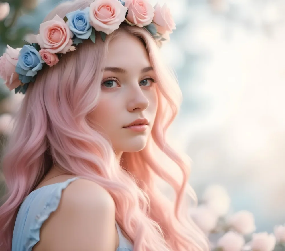 A Young Woman With Fair Skin And Long Flowing Hair That Transitions From Pastel Pink To Light Blue She Has A Floral Crown Made Of White And Pink Roses Adorning Her Head The Background Features A Soft Blurred Pink Gra 59 12d4