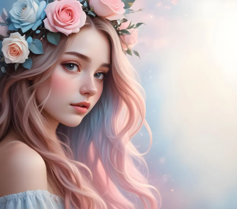 A Young Woman With Fair Skin And Long Flowing Hair That Transitions From Pastel Pink To Light Blue She Has A Floral Crown Made Of White And Pink Roses Adorning Her Head The Background Features A Soft Blurred Pink Gra 6 F010