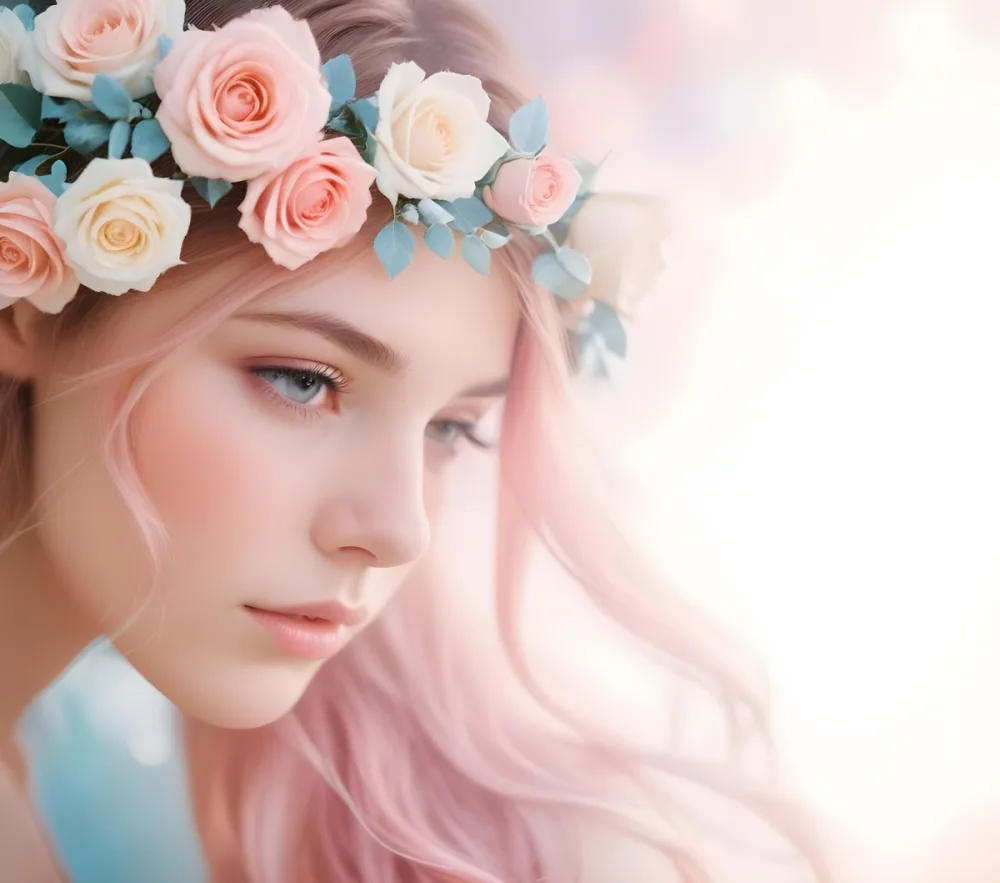 A Young Woman With Fair Skin And Long Flowing Hair That Transitions From Pastel Pink To Light Blue She Has A Floral Crown Made Of White And Pink Roses Adorning Her Head The Background Features A Soft Blurred Pink Gra 64 A081