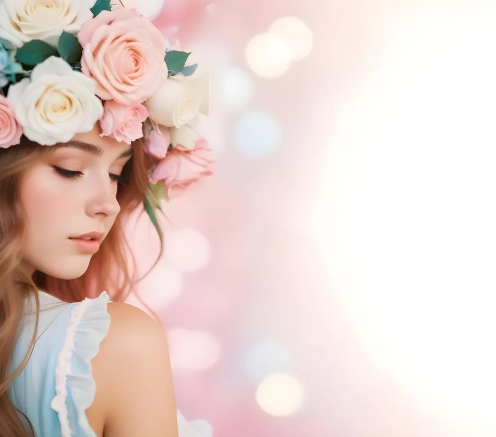 A Young Woman With Fair Skin And Long Flowing Hair That Transitions From Pastel Pink To Light Blue She Has A Floral Crown Made Of White And Pink Roses Adorning Her Head The Background Features A Soft Blurred Pink Gra 66 A67e