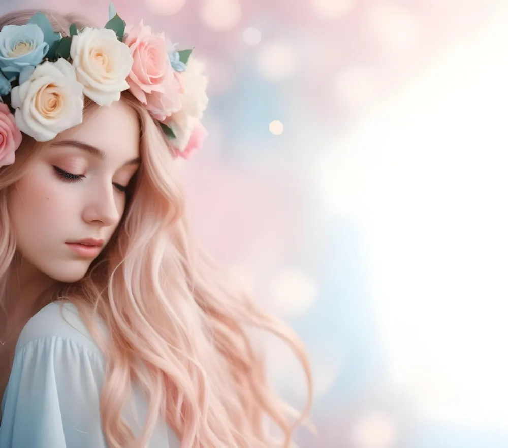 A Young Woman With Fair Skin And Long Flowing Hair That Transitions From Pastel Pink To Light Blue She Has A Floral Crown Made Of White And Pink Roses Adorning Her Head The Background Features A Soft Blurred Pink Gra 69 4980