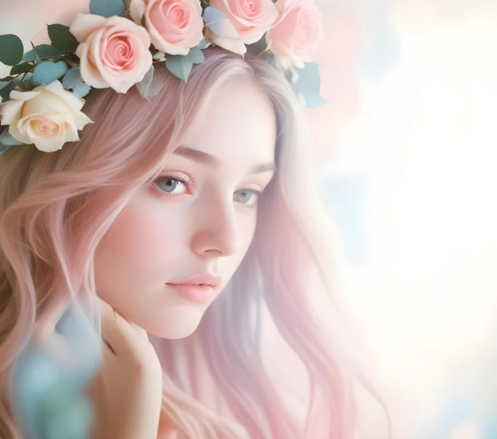 A Young Woman With Fair Skin And Long Flowing Hair That Transitions From Pastel Pink To Light Blue She Has A Floral Crown Made Of White And Pink Roses Adorning Her Head The Background Features A Soft Blurred Pink Gra 70 2620