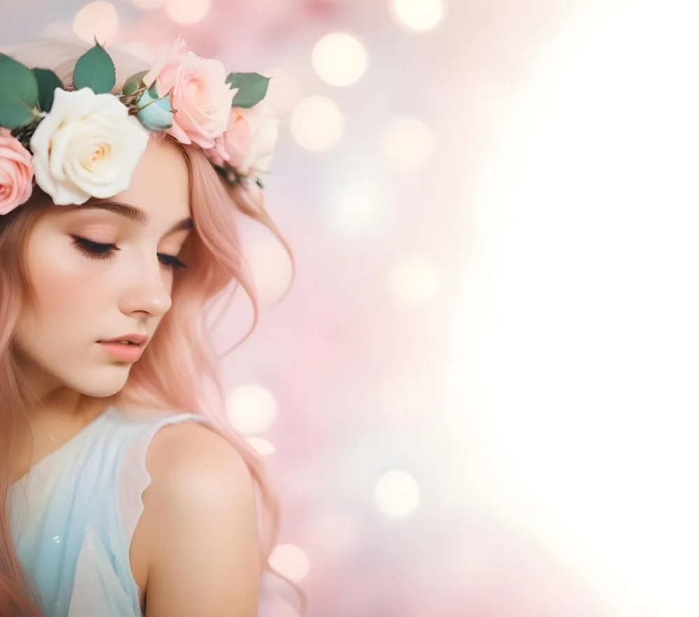 A Young Woman With Fair Skin And Long Flowing Hair That Transitions From Pastel Pink To Light Blue She Has A Floral Crown Made Of White And Pink Roses Adorning Her Head The Background Features A Soft Blurred Pink Gra 72 56db