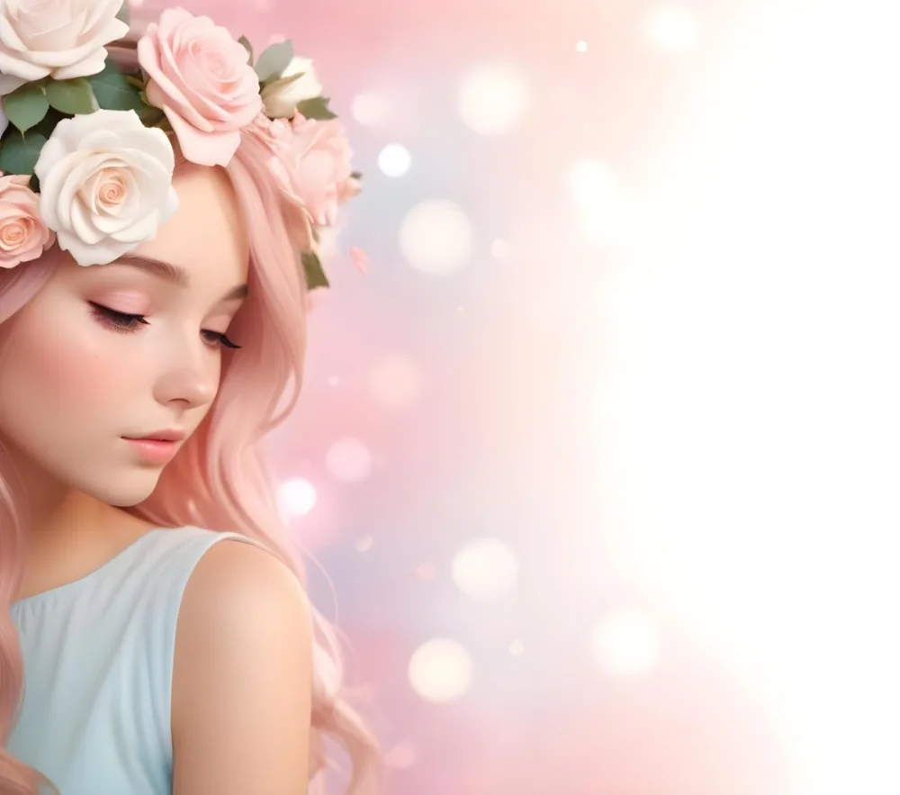 A Young Woman With Fair Skin And Long Flowing Hair That Transitions From Pastel Pink To Light Blue She Has A Floral Crown Made Of White And Pink Roses Adorning Her Head The Background Features A Soft Blurred Pink Gra 74 3596