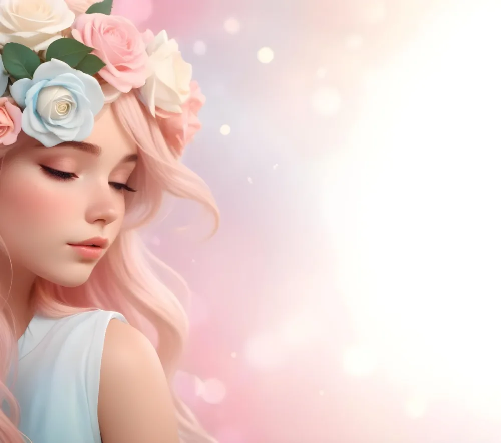 A Young Woman With Fair Skin And Long Flowing Hair That Transitions From Pastel Pink To Light Blue She Has A Floral Crown Made Of White And Pink Roses Adorning Her Head The Background Features A Soft Blurred Pink Gra 77 Dadb