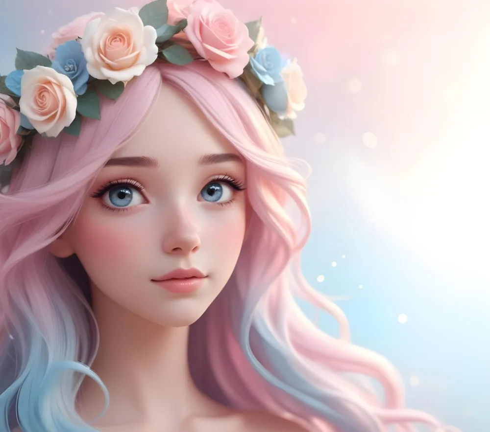 A Young Woman With Fair Skin And Long Flowing Hair That Transitions From Pastel Pink To Light Blue She Has A Floral Crown Made Of White And Pink Roses Adorning Her Head The Background Features A Soft Blurred Pink Gra 83 F3aa