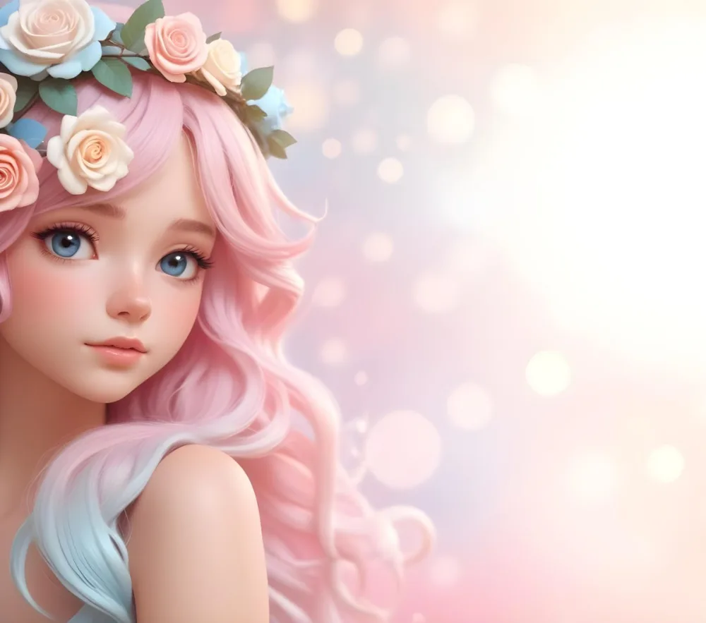 A Young Woman With Fair Skin And Long Flowing Hair That Transitions From Pastel Pink To Light Blue She Has A Floral Crown Made Of White And Pink Roses Adorning Her Head The Background Features A Soft Blurred Pink Gra 86 Fc4a