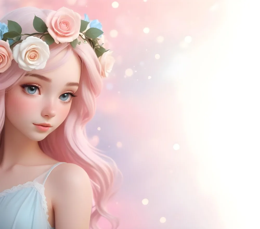A Young Woman With Fair Skin And Long Flowing Hair That Transitions From Pastel Pink To Light Blue She Has A Floral Crown Made Of White And Pink Roses Adorning Her Head The Background Features A Soft Blurred Pink Gra 88 2eae