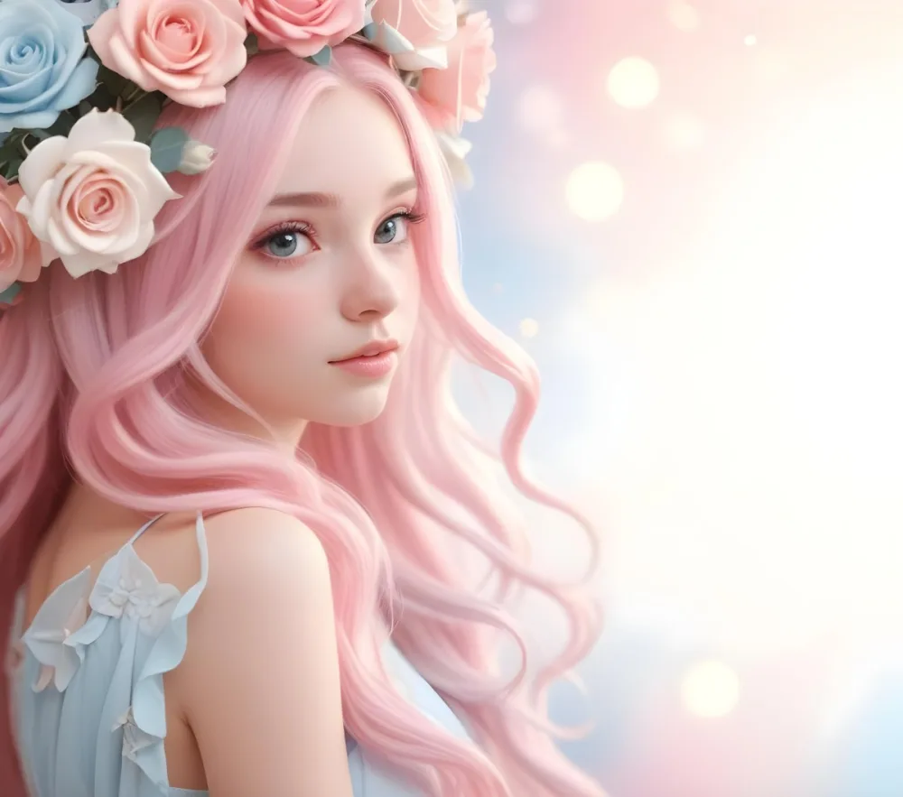 A Young Woman With Fair Skin And Long Flowing Hair That Transitions From Pastel Pink To Light Blue She Has A Floral Crown Made Of White And Pink Roses Adorning Her Head The Background Features A Soft Blurred Pink Gra 97 4a32