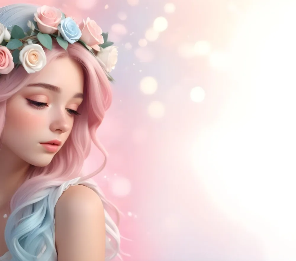 A Young Woman With Fair Skin And Long Flowing Hair That Transitions From Pastel Pink To Light Blue She Has A Floral Crown Made Of White And Pink Roses Adorning Her Head The Background Features A Soft Blurred Pink Gra 98 Deeb