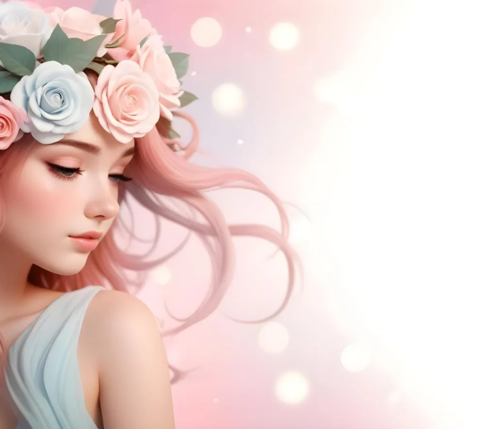 A Young Woman With Fair Skin And Long Flowing Hair That Transitions From Pastel Pink To Light Blue She Has A Floral Crown Made Of White And Pink Roses Adorning Her Head The Background Features A Soft Blurred Pink Gra 99 009d