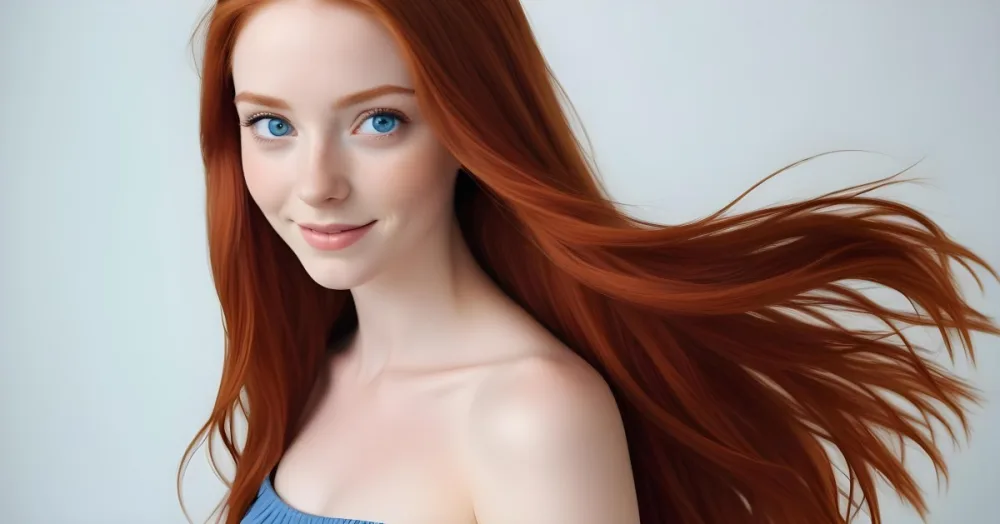 A Young Woman With Fair Skin And Long Straight Vibrant Red Hair She Has Bright Blue Eyes And A Subtle Smile The Background Is Plain And Light Emphasizing Her Features And Hair 14 0153