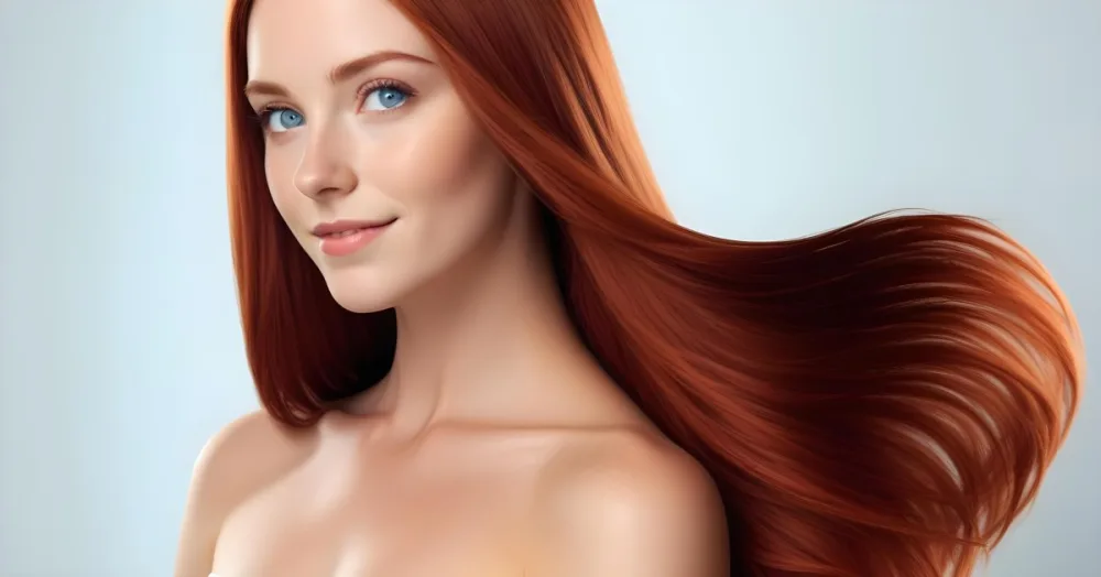 A Young Woman With Fair Skin And Long Straight Vibrant Red Hair She Has Bright Blue Eyes And A Subtle Smile The Background Is Plain And Light Emphasizing Her Features And Hair 21 C372