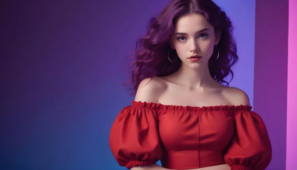 A Young Woman With Fair Skin And Long Wavy Purple Hair Approximately 20 Years Old She Is Wearing A Vibrant Red Off The Shoulder Top With Puffed Sleeves The Background Has A Gradient Of Purple And Blue Lighting Creat 33 989f